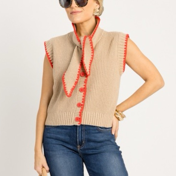 &merci Sweaters - &Merci Tie Neck Sweater Knit Vest blanket stitch Cotton Red/ Tan Color Large